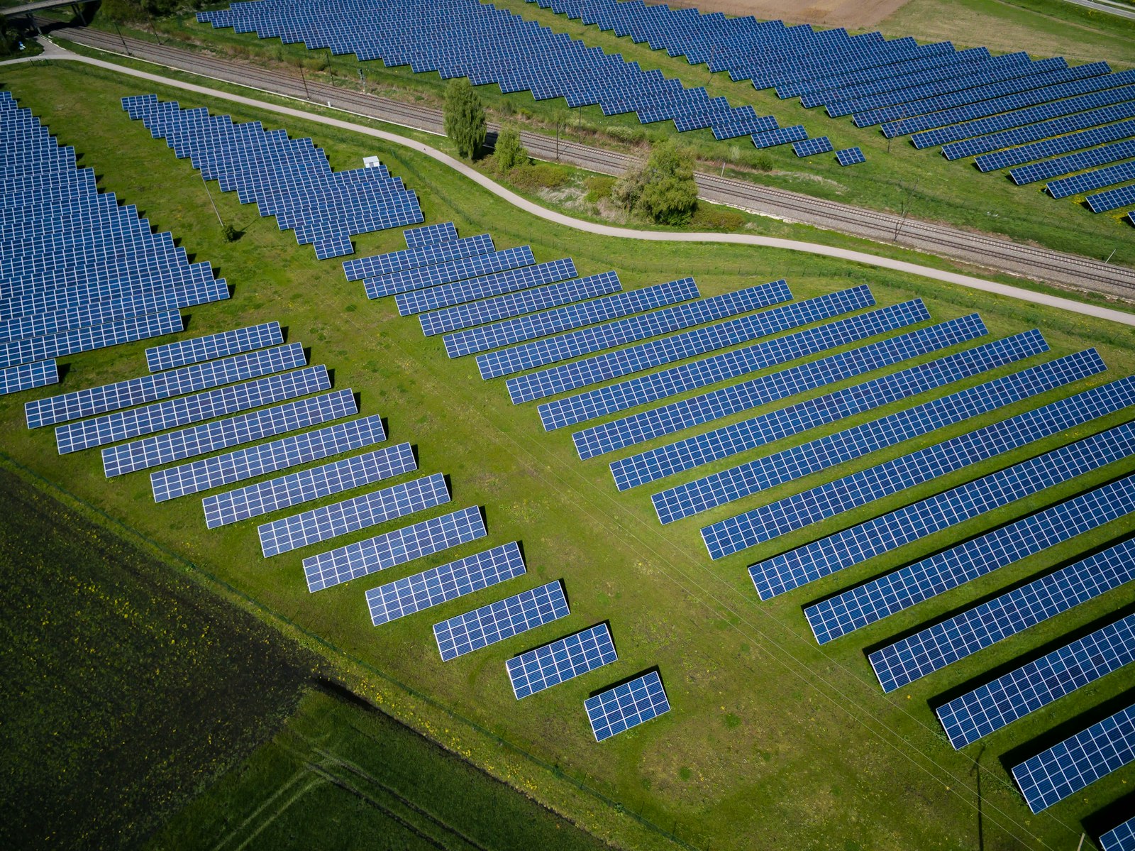Campo de painéis fotovoltaicos visto de lado